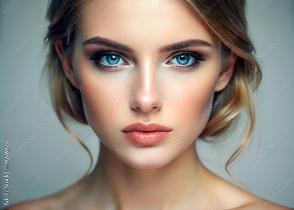 A close-up portrait of a young Caucasian woman with a detailed close-up focusing on her face. She has a light, glowing complexion, long eyelashes, striking blue eyes, full lips, and a smooth complexio A close-up portrait of a young Caucasian woman with a detailed close-up focusing on her face. She has a light, glowing complexion, long eyelashes, striking blue eyes, full lips, and a smooth complexio