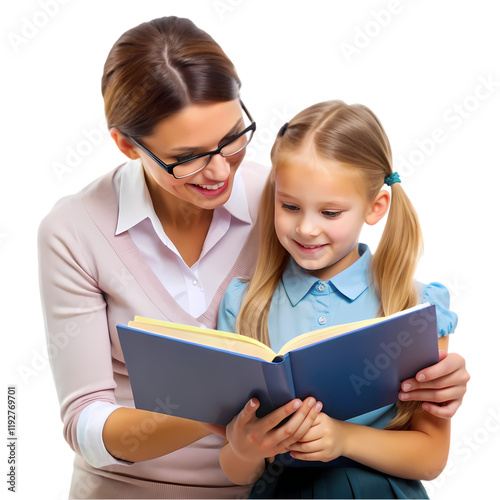 Female teacher and girl kid student reading book isolated on transparent background