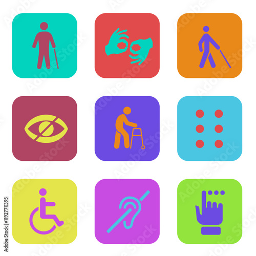 Bright square signs for people with special needs. Set of disability icons.