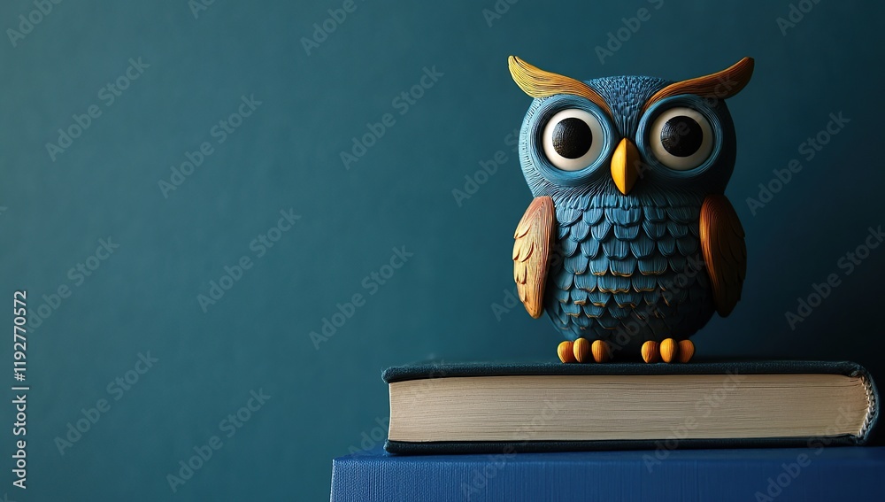 3D owl toy on top of a book, against a blue background, product shot. 3D owl toy on top of a book, against a blue background, product shot.