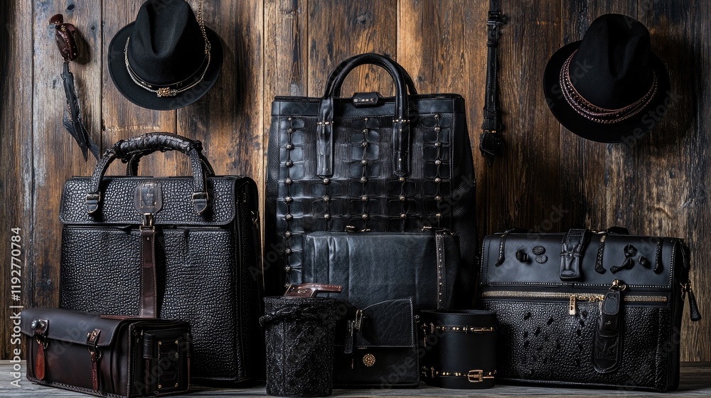 High-end luxury handbags and accessories aligned with matching outerwear.