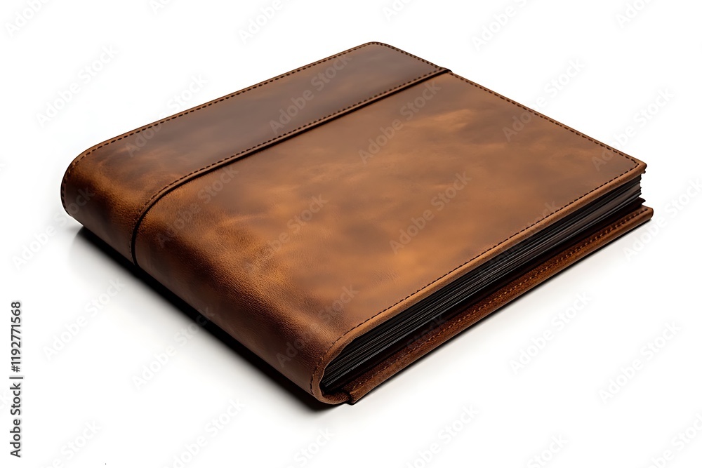 Sleek brown leather travel album with a minimalist design and smooth finish, isolated against a clean white background. Sleek brown leather travel album with a minimalist design and smooth finish, isolated against a clean white background.