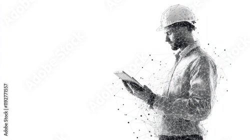 Abstract polygonal isolated engineer in technology style on a white background. Industry safety or architecture concept. Worker in white helmet holding tablet. Low poly wireframe vector illustration. photo