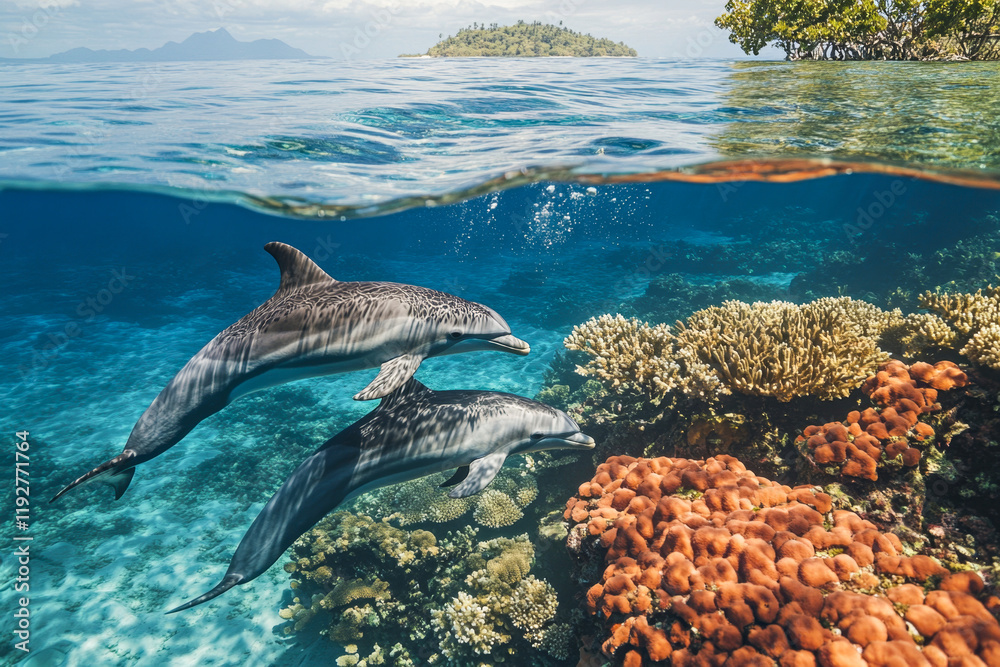 Dolphins swim near a coral reef. The bright blue ocean contrasts with the lighter sky Dolphins swim near a coral reef. The bright blue ocean contrasts with the lighter sky