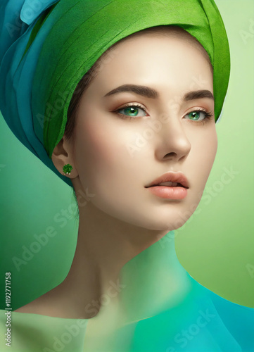 Portrait of a woman in a green head wrap with matching background tones, exuding elegance and harmony with nature-inspired color palettes. photo