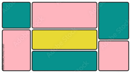 Scallop edged frame template set. Bento collage grid shapes. Geometry modular moodboard borders with perforation. Label textboxes Lace frill pack. Trendy blocks blank layout. Vector illustration.