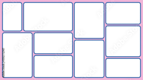 Scallop edged frame template. Bento collage grid shapes. Geometry modular moodboard borders with perforation. Label textboxes Lace frill pack. Trendy blocks blank layout. Vector flat illustration.