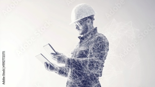 Abstract polygonal isolated engineer in technology style on a white background. Industry safety or architecture concept. Worker in white helmet holding tablet. Low poly wireframe vector illustration. photo