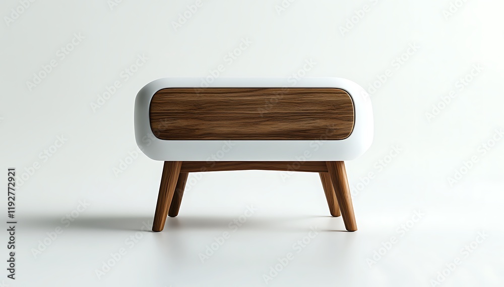 Sleek nightstand with wooden legs, isolated on a smooth white surface, with no text or shadows. Sleek nightstand with wooden legs, isolated on a smooth white surface, with no text or shadows.