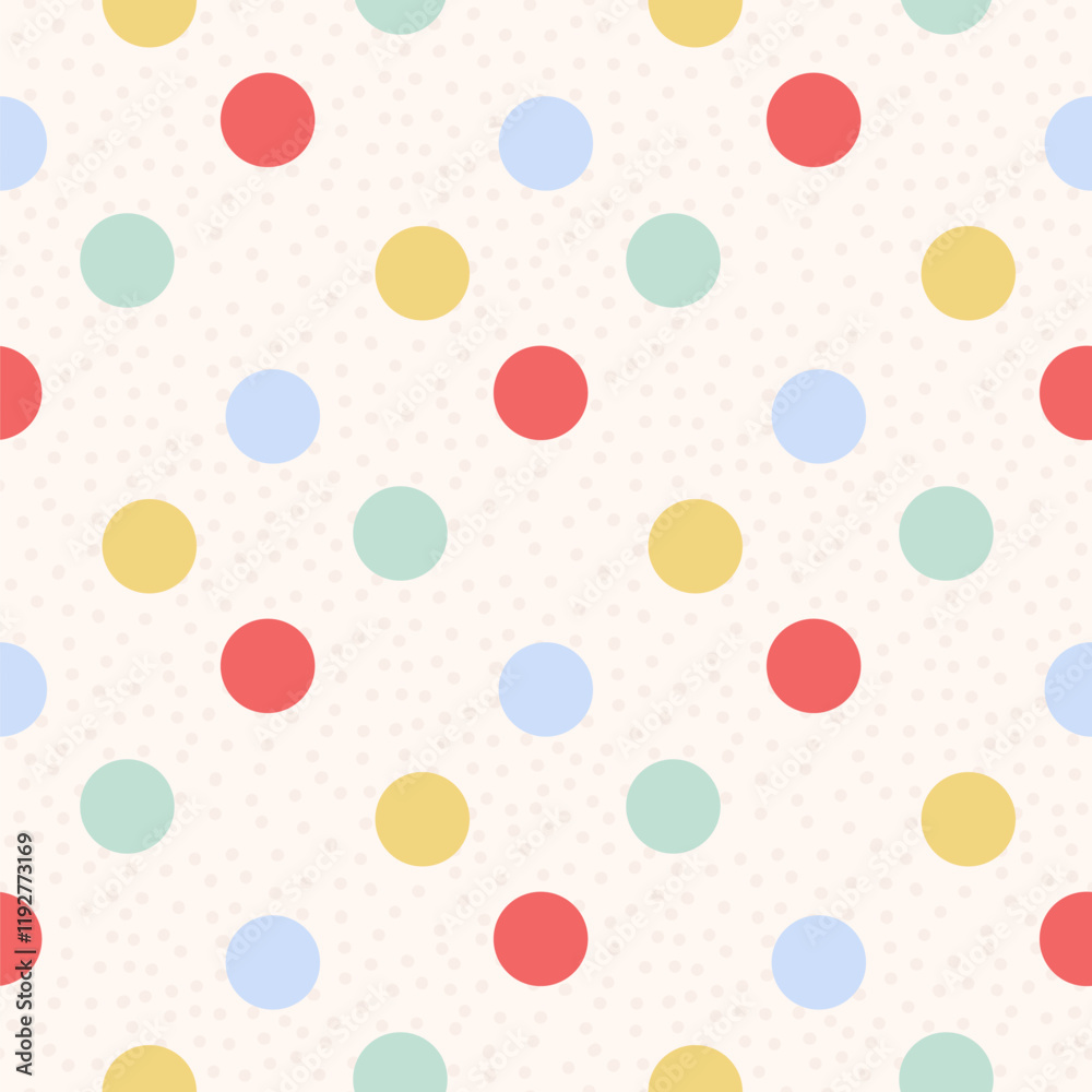 Polka dots seamless pattern. Circle confetti endless background. Birthday round elements repeat cover. Colorful chaotic spots continuous ornament. Surface design festive motif. Vector illustration.