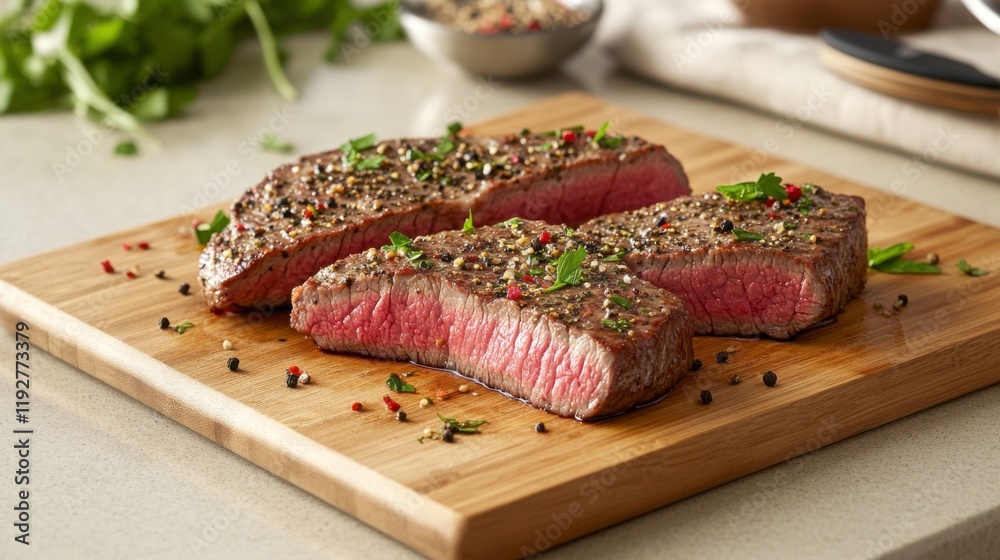 Juicy Grilled Steak on Wooden Cutting Board Juicy Grilled Steak on Wooden Cutting Board
