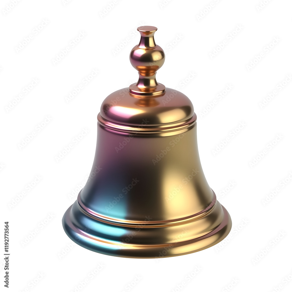 Rainbow Bell: An iridescent bell, shimmering with a spectrum of colors from deep blues to warm golds, against a pristine backdrop. This 3D rendered object has a smooth, polished finish. Rainbow Bell: An iridescent bell, shimmering with a spectrum of colors from deep blues to warm golds, against a pristine backdrop. This 3D rendered object has a smooth, polished finish.