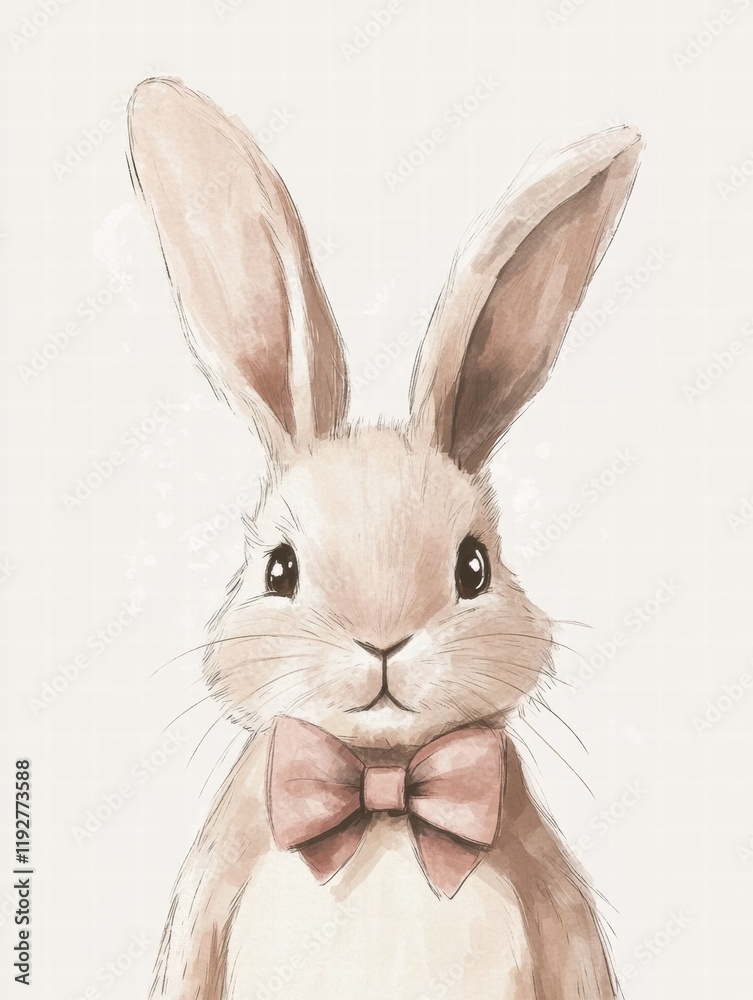 Obraz premium Cute illustrated rabbit with bow tie on neutral background, ideal for childrens decorations or storytelling. Generative AI