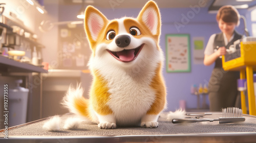 cheerful cartoon-style Corgi sits happily on grooming table in brightly lit pet salon. Grooming tools, fur clippings surround it, creating playful and welcoming atmosphere. Concept of pet care, humor