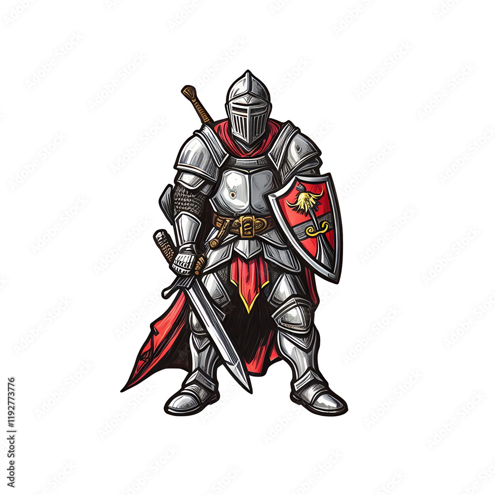 Valiant Knight: A stoic knight in gleaming armor, embodying strength and courage, stands ready for battle, holding a sword and shield adorned with a coat of arms. Valiant Knight: A stoic knight in gleaming armor, embodying strength and courage, stands ready for battle, holding a sword and shield adorned with a coat of arms.