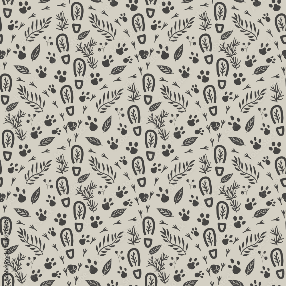 Folk woodland seamless pattern. Forest endless background. Scandinavian monochrome repeat cover. Surface pattern design footprint motif. Vector hand drawn illustration. Folk woodland seamless pattern. Forest endless background. Scandinavian monochrome repeat cover. Surface pattern design footprint motif. Vector hand drawn illustration.