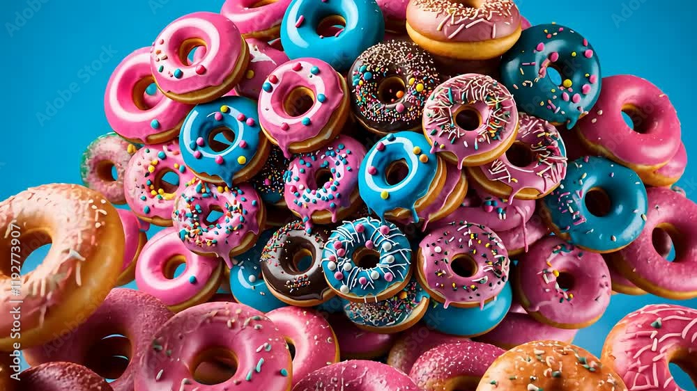 Pile of Colorful Donuts with Pink, Blue, and Chocolate Frosting, Sprinkles, and Vibrant Details on a Blue Background


