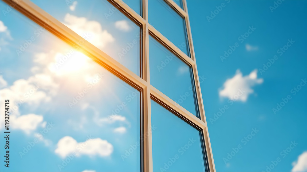 Sunlit skyscraper windows reflecting blue sky and clouds; modern architecture, optimistic business concept, website banner Sunlit skyscraper windows reflecting blue sky and clouds; modern architecture, optimistic business concept, website banner