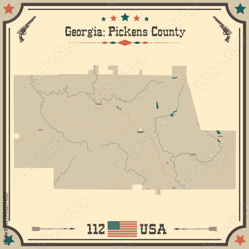 Large and accurate map of Pickens County, Georgia, USA with vintage colors.