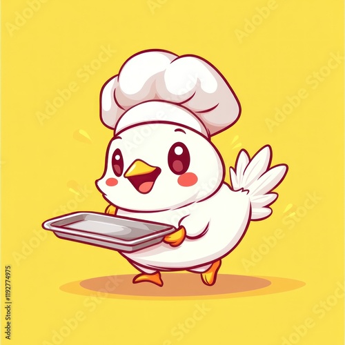 Happy chef chick carries baking tray, yellow background, food blog photo