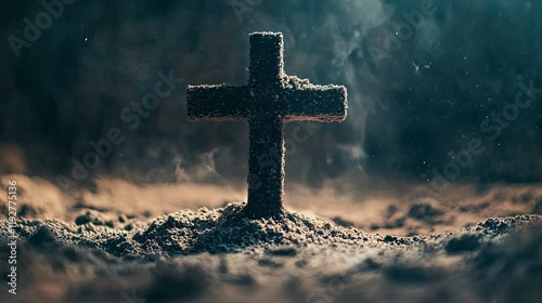 Ash wednesday cross, crucifix made of ash, dust as christian religion, Jesus, god, faith, holy, holiday, 