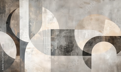 Modern abstract painting, featuring shapes in the form of an arch and circles on a concrete background.