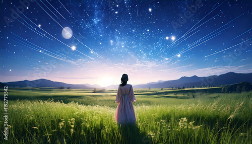 夜空を見上げる少女の幻想的な瞬間　生成AI