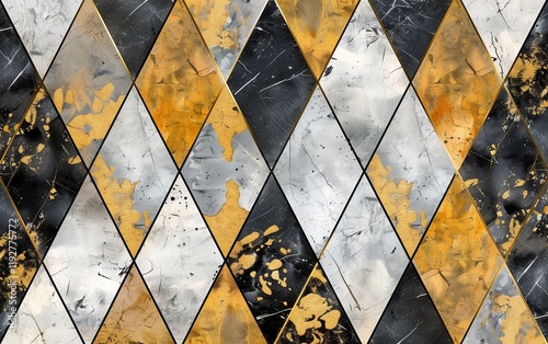 A pattern of black, white and gold harlequin shapes on marble texture background.