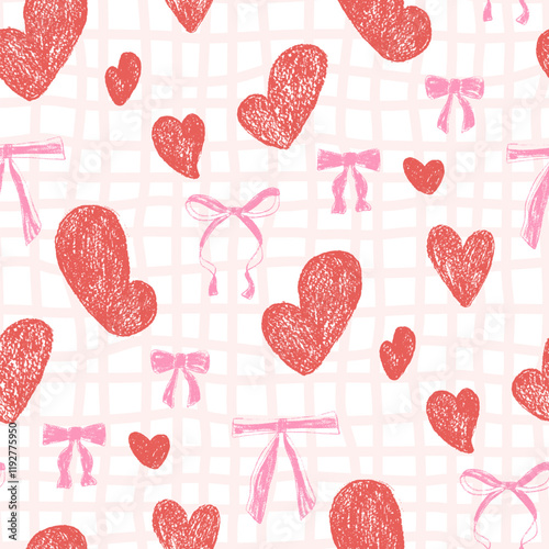 Hearts and coquette bow crayon drawn gingham seamless pattern. Valentines day repeat background. Love and bowknots ribbon symbols endless backdrop. Romantic and girly date motif. Vector cover.