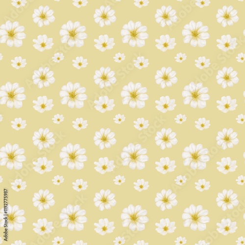 Cherry blossoms create a seamless pattern on yellow textile for wrapping and packaging