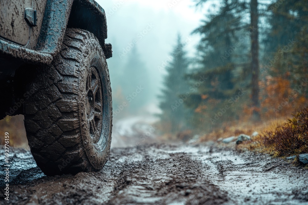 Rugged Off-Road Adventure with Muddy Terrain and Forested Path Captured in Misty Weather