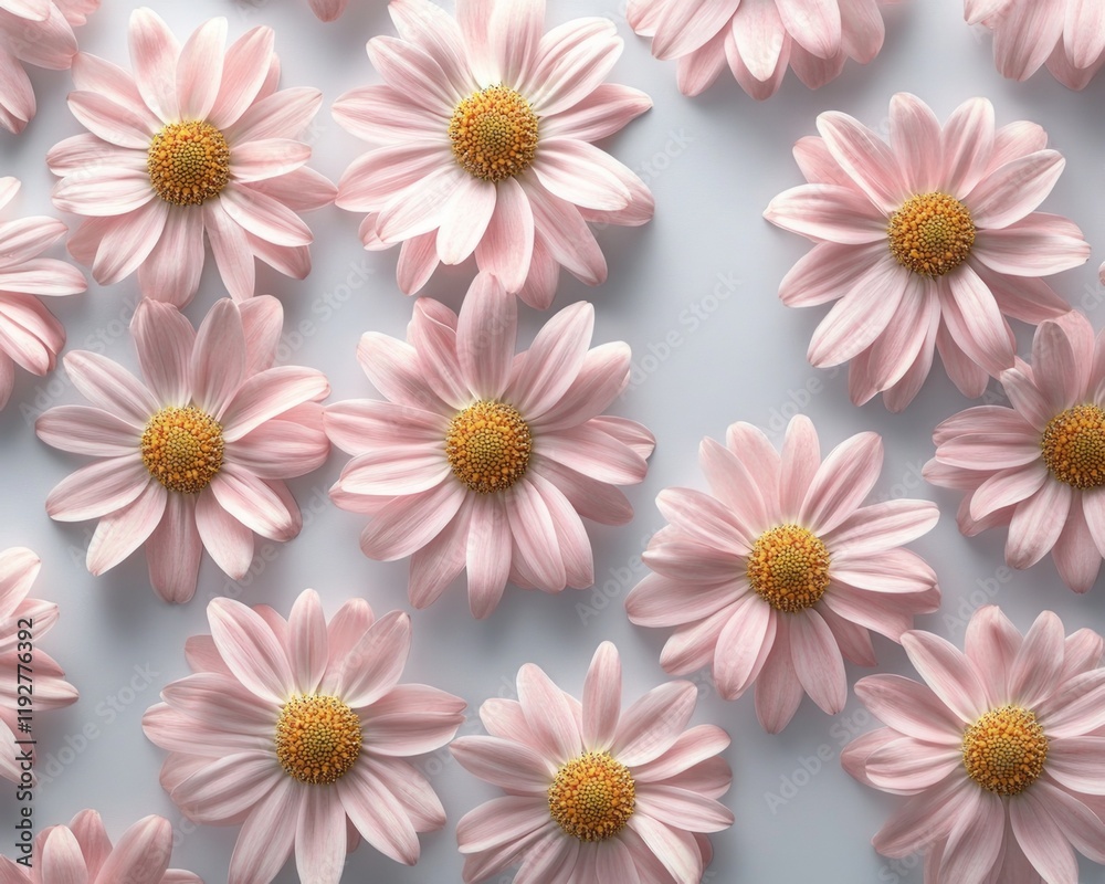 Fototapeta premium Pink daisies arranged asymmetrically on a soft gray background, creating a minimalist and modern aesthetic.