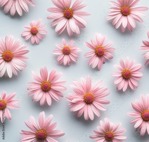 Pink daisies arranged asymmetrically on a soft background, creating a minimalist and modern aesthetic.