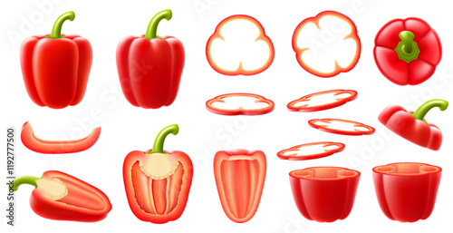 Realistic ripe raw bell pepper vegetable. Whole, half and slices cutted veggie. Isolated 3d vector set of red paprika garden plants, halved and cut veg pieces, circles and stems