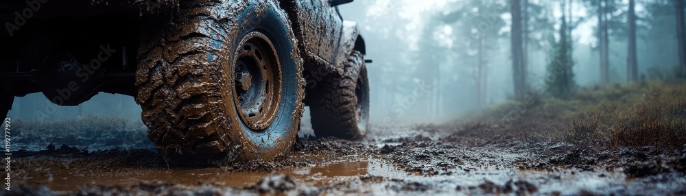 Off-Road Adventure: Close-Up of Muddy Tire on Rugged Terrain in Misty Forest Setting Off-Road Adventure: Close-Up of Muddy Tire on Rugged Terrain in Misty Forest Setting