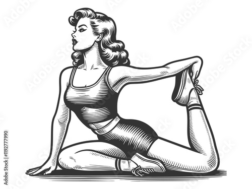 woman doing yoga stretching in workout clothing, pin-up style with fitness, sketch engraving generative ai fictional character vector illustration. Scratch board imitation. Black and white image.