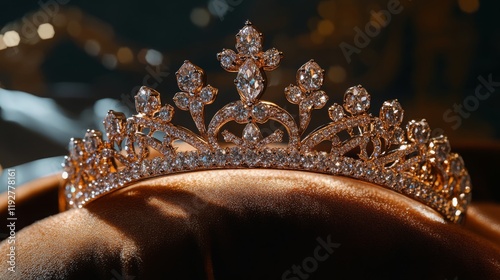 Elegant diamond-encrusted tiara on luxurious velvet cushion photo