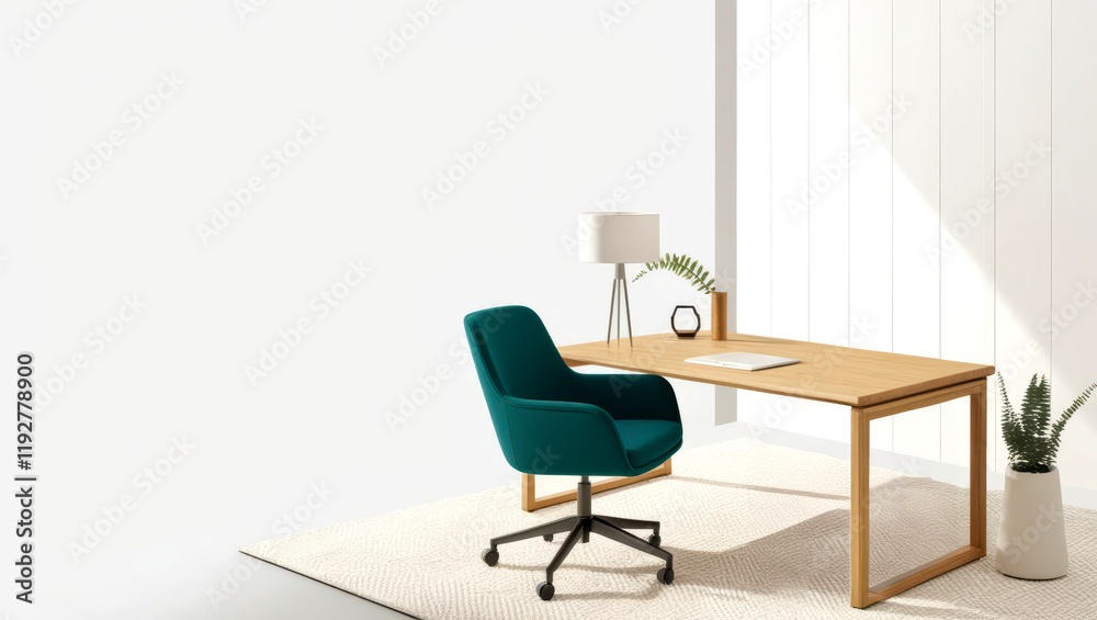 A minimalist workspace featuring a wooden desk, a green chair, and a lamp, set against a light backdrop with a plant, promoting a clean, organized aesthetic. A minimalist workspace featuring a wooden desk, a green chair, and a lamp, set against a light backdrop with a plant, promoting a clean, organized aesthetic.