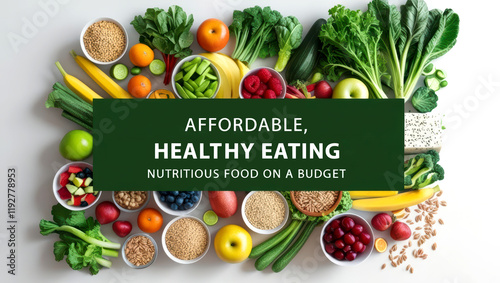 A vibrant spread of fresh fruits, vegetables, and grains showcases affordable, healthy eating options for nutritious meals on a budget.