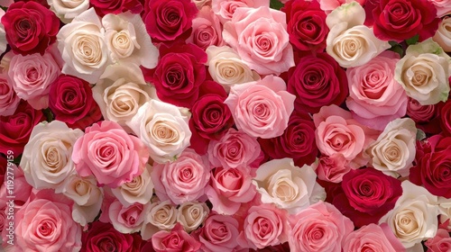 A Stunning Bouquet of Roses: Pink, Red, and White Roses in Full Bloom