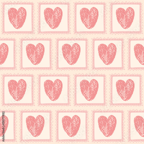 Hearts crayon drawn on square frame seamless pattern. Valentines day retro doodle rectangle borders repeat background. Vector hand drawn illustration.