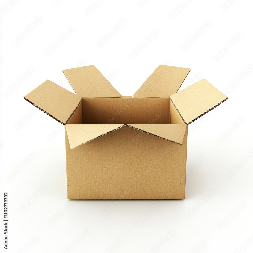 Open Cardboard Box with Visible Fold Lines on White Background Open Cardboard Box with Visible Fold Lines on White Background