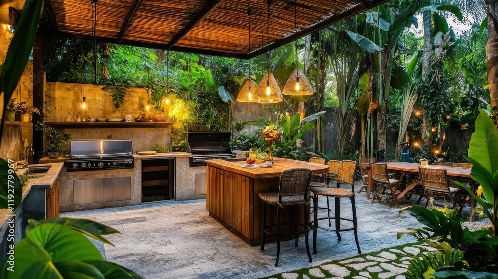 Obraz premium Luxury Outdoor Kitchen Oasis: Tropical Garden Paradise