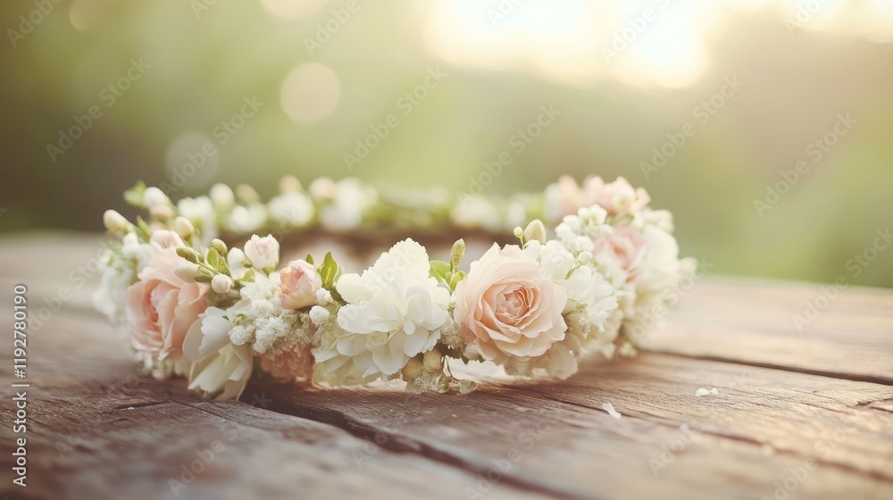 Elegant floral crown with soft pink and white flowers on rustic wooden table Elegant floral crown with soft pink and white flowers on rustic wooden table