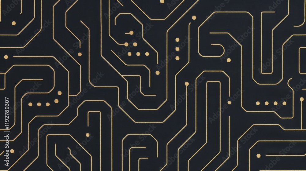 Modern circuit board design with intricate patterns and gold lines Modern circuit board design with intricate patterns and gold lines