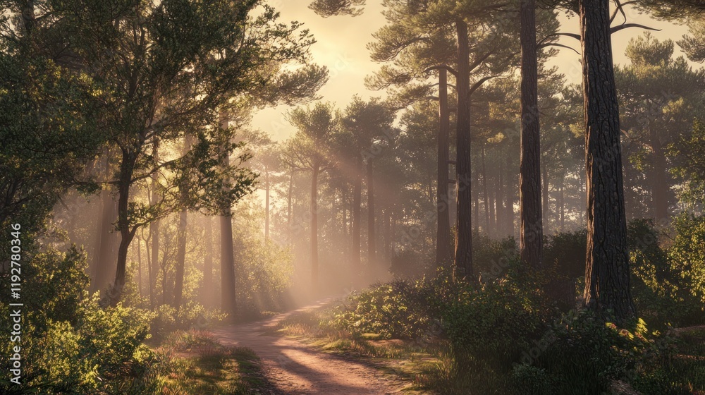 Fototapeta premium Misty Sunrise Forest Path: A Serene Morning in the Woods