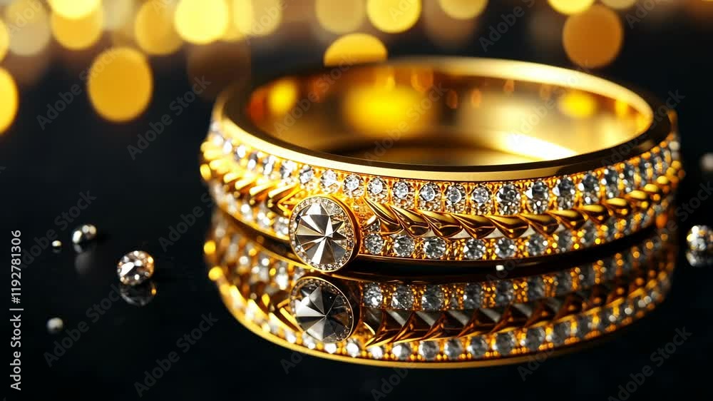 Elegant gold ring with sparkling diamonds reflecting on a glossy surface in a softly lit setting Elegant gold ring with sparkling diamonds reflecting on a glossy surface in a softly lit setting