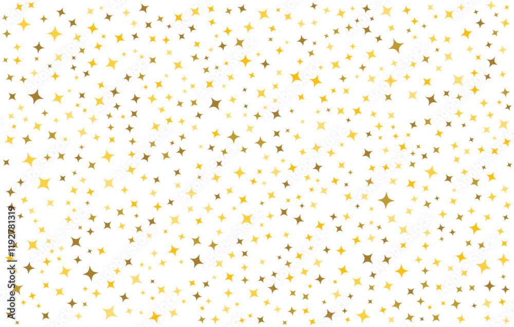 Abstract gold star pattern on a transparent background. Yellow, orange and golden star wallpaper. Golden star glitter. Texture of gold foil