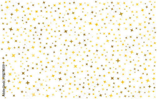 Abstract gold star pattern on a transparent background. Yellow, orange and golden star wallpaper. Golden star glitter. Texture of gold foil