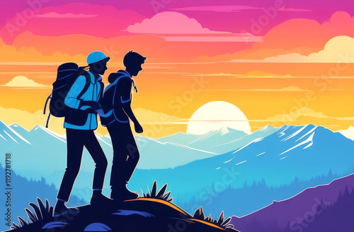 Bright illustration with silhouettes of two tourists with backpacks on the top of a mountain against the sunset. Conceptual image of overcoming difficulties, helping a friend in a difficult situation